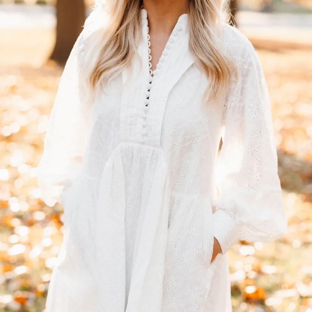 Amazon White Eyelet V-Neck Midi Dress with Balloon Sleeves